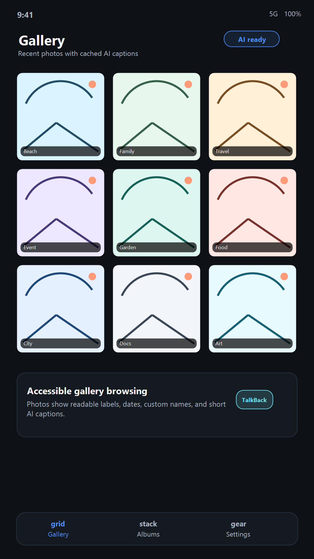Gallery screen with recent photos and AI-ready captions