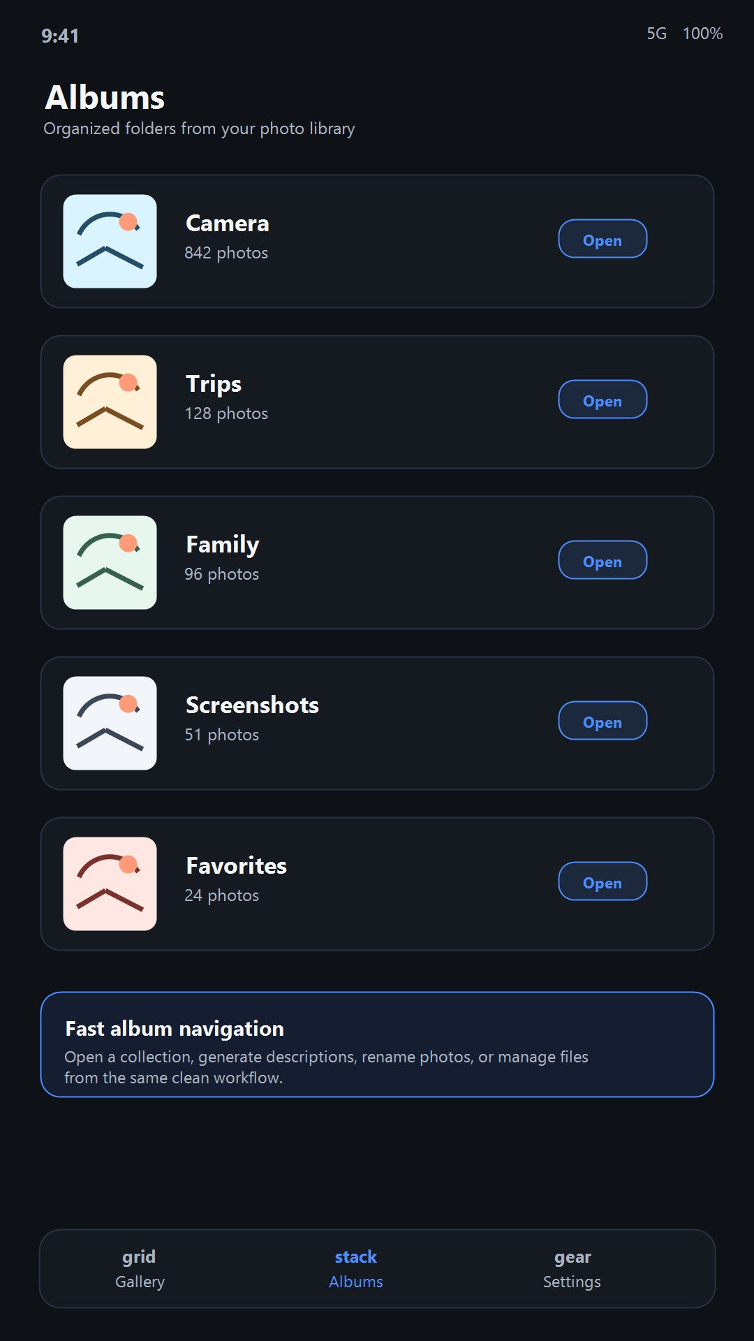 Albums screen showing organized photo groups