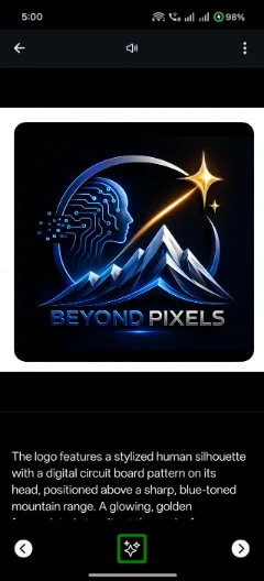 Beyond Pixels photo viewer displaying an image with an AI-generated description below it.