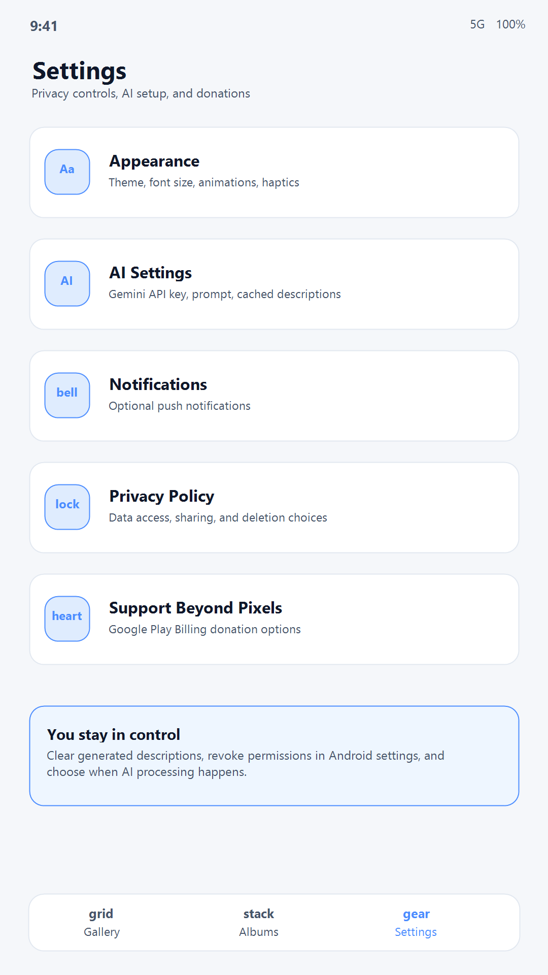 Settings screen with appearance, AI, notification, and support options